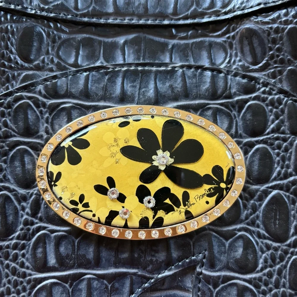 Black Croc-Embossed Crossbody Bag with Yellow Floral Accent